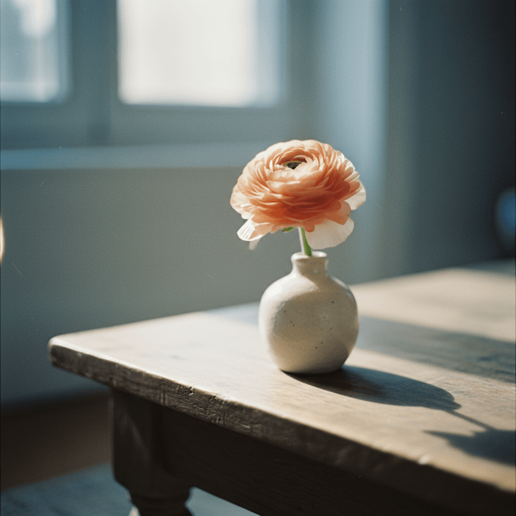 Small bud vase with single peach ranunculus on a wooden table