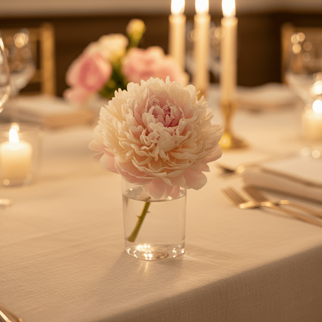 Single peony in a glass vase on a reception table with candlelight