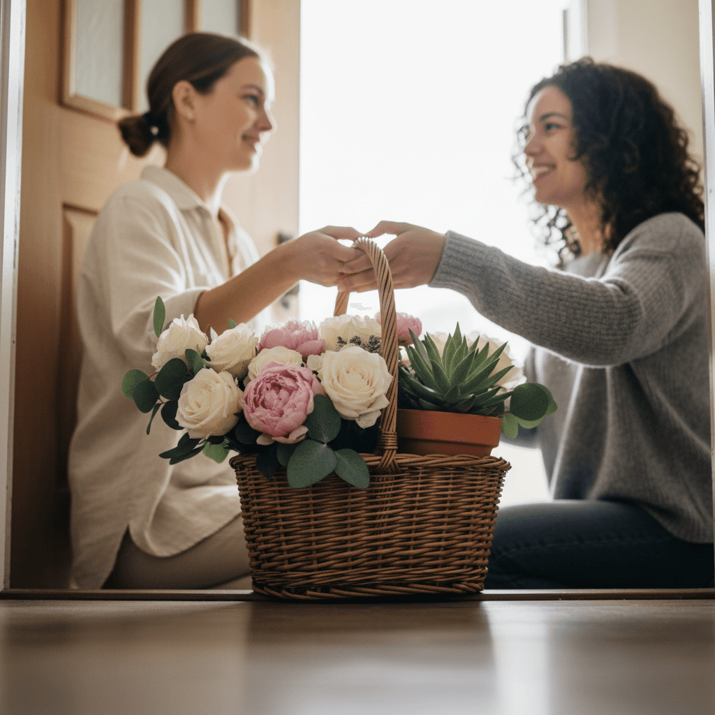 Two women exchanging a gift basket at a front door, basket in focus