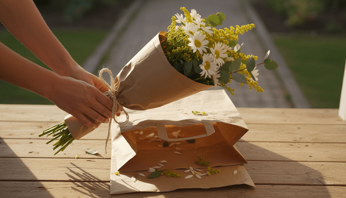 Bouquet in brown paper, held at a doorway