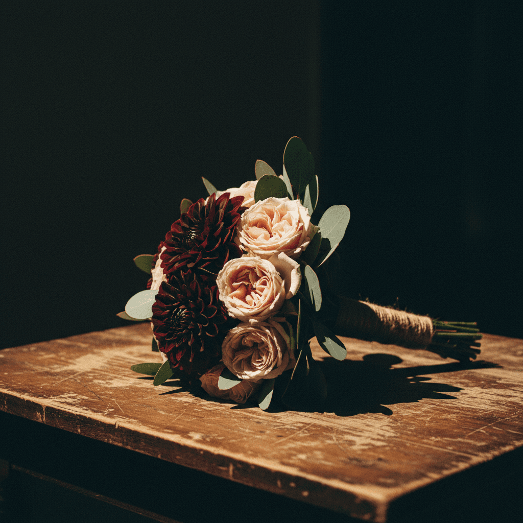 Close-up of a hand-tied bouquet with burgundy dahlias and garden roses
