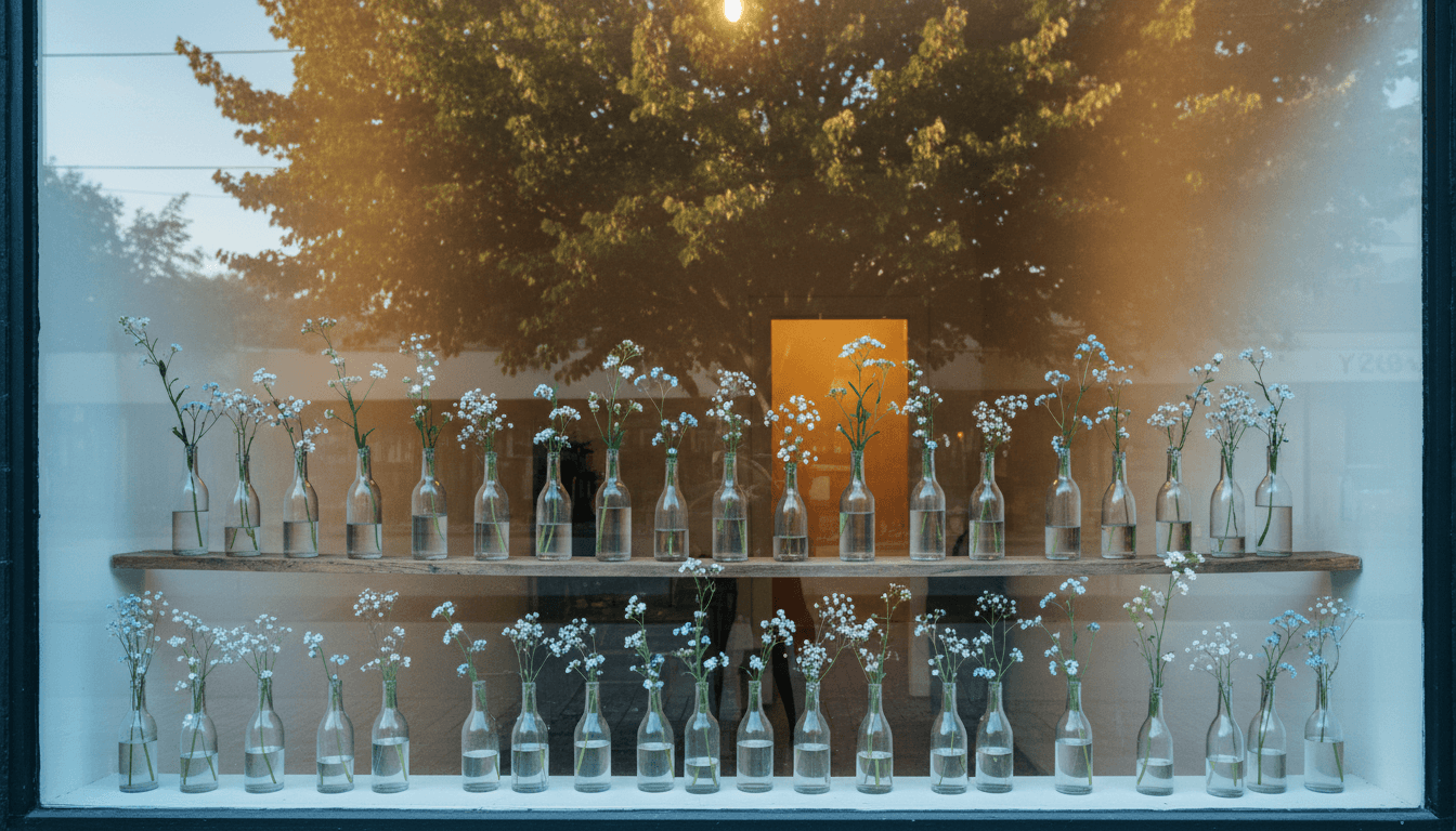 Small flower shop window with vases inside