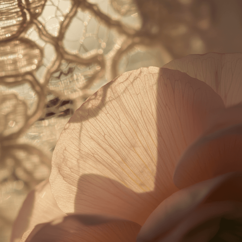 Close-up of pale pink ranunculus petal with wedding lace