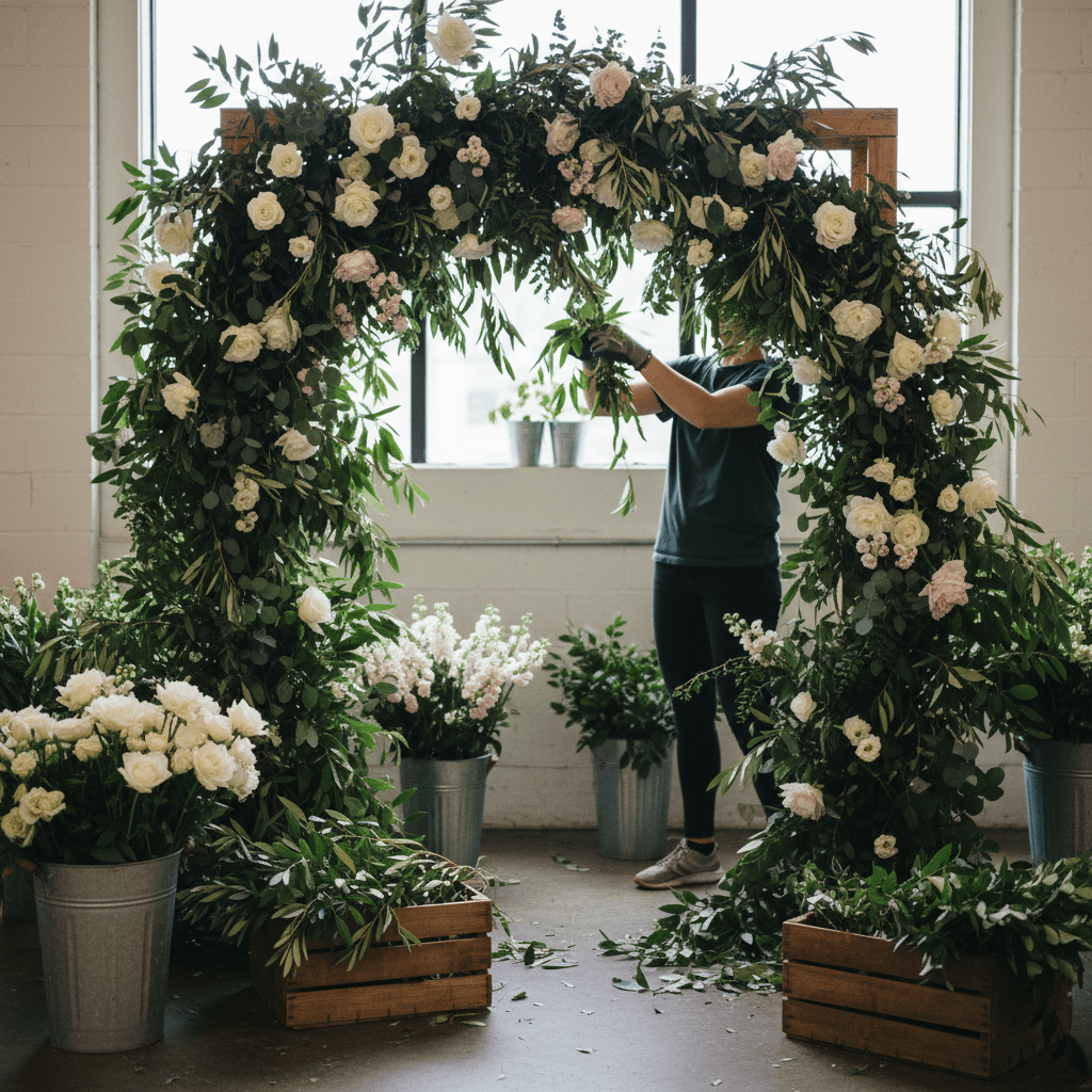 Florist arranging fresh flowers on a wooden ceremony arch