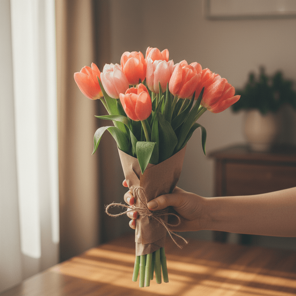 A small bunch of coral tulips held in one hand, wrapped in plain brown paper