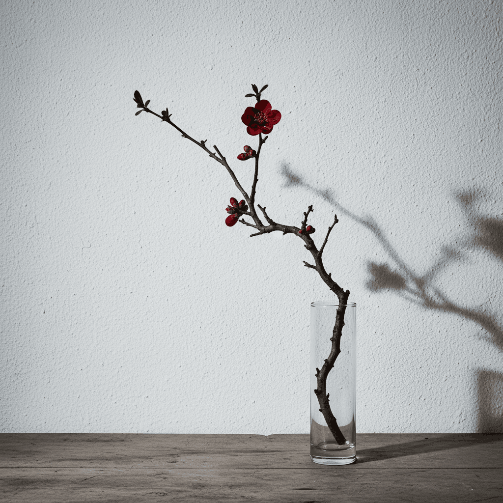 Winter flowering quince branch in a glass vase