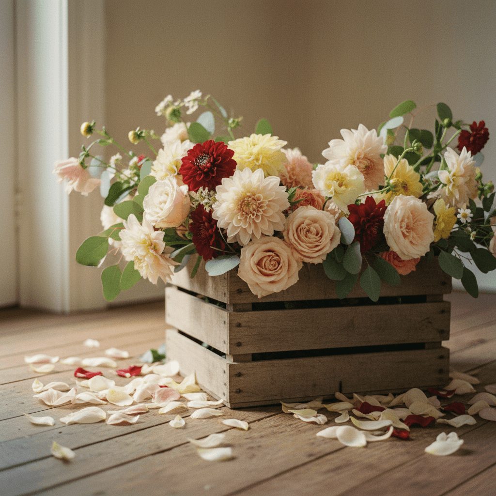 Freshly cut seasonal flowers in a wooden crate