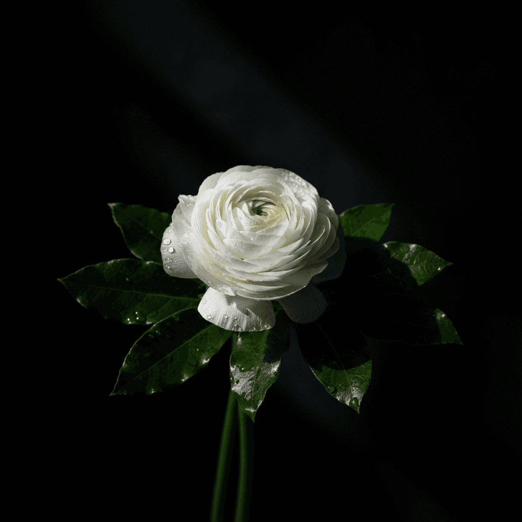 Close-up of a single white ranunculus with water droplets on petals