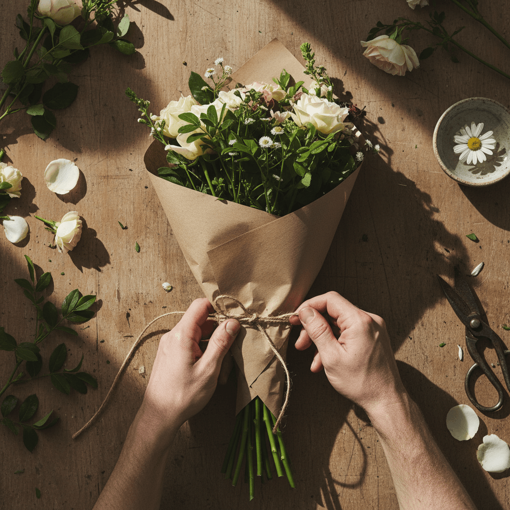 Wrapping a bouquet in kraft paper on a worktable