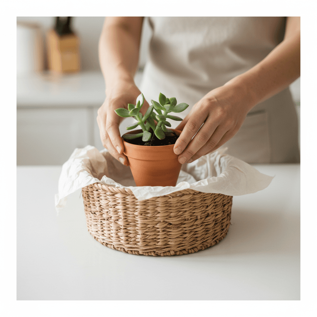 Hands carefully placing a succulent into a gift basket on a countertop
