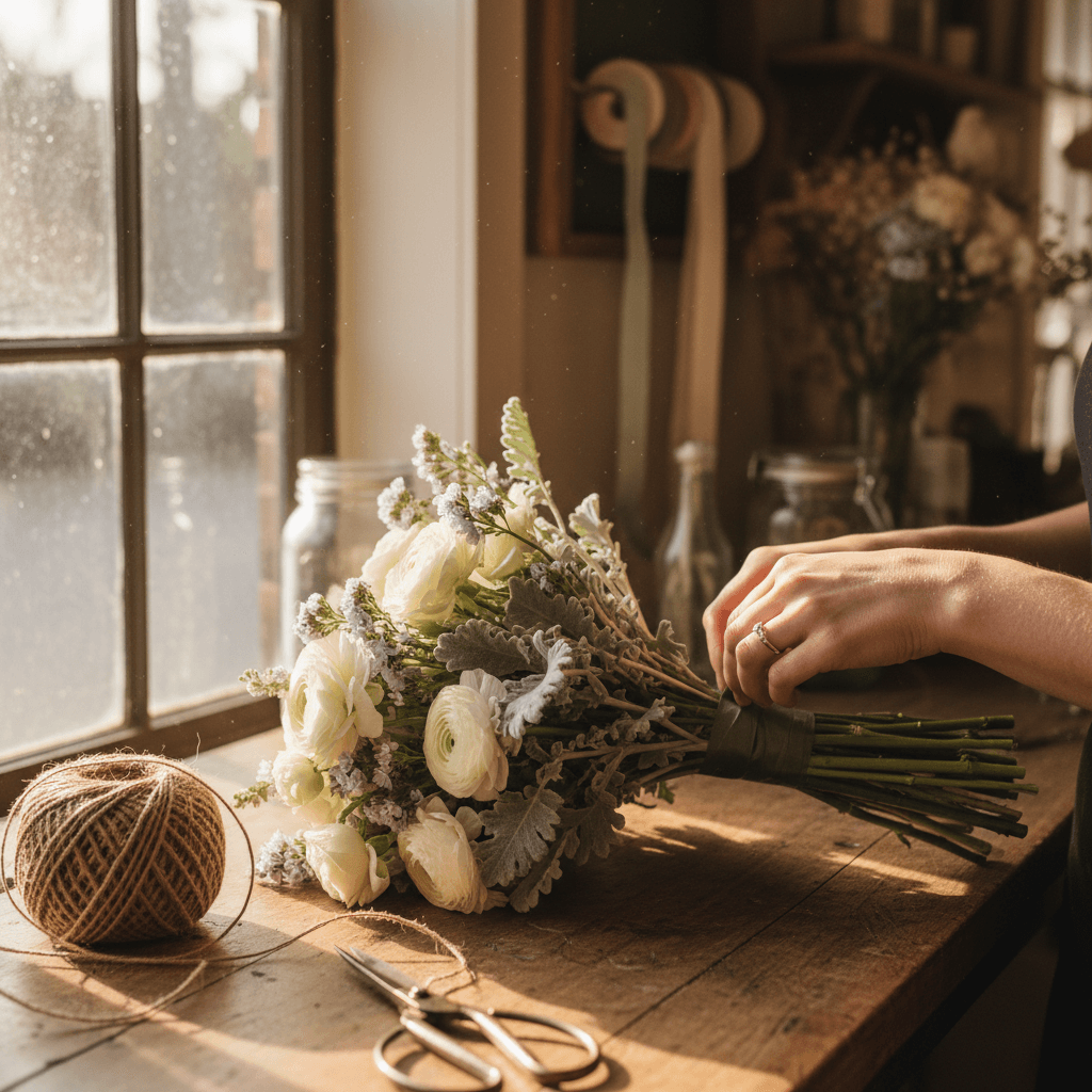 Florist wrapping bridal bouquet stems