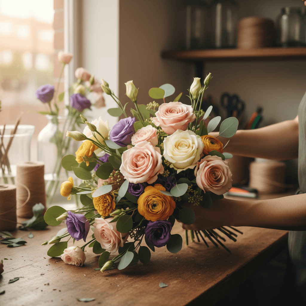 Hands tying a bundle of fresh seasonal flowers with twine on a wooden workbench