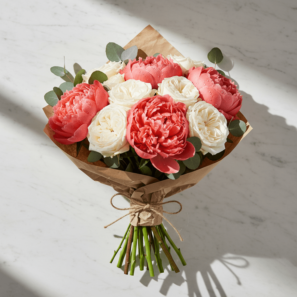 Finished bouquet wrapped in kraft paper on workbench