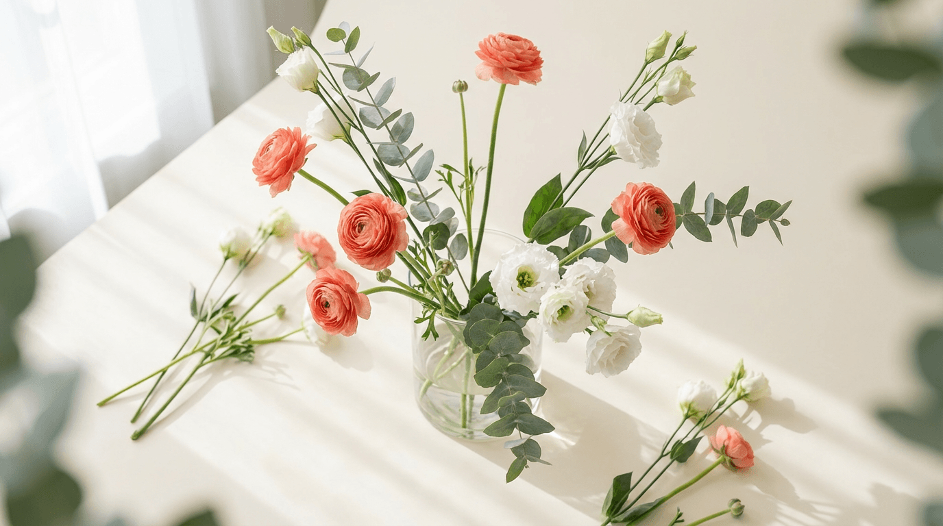 Overhead view of dried flower arrangement in a ceramic bowl