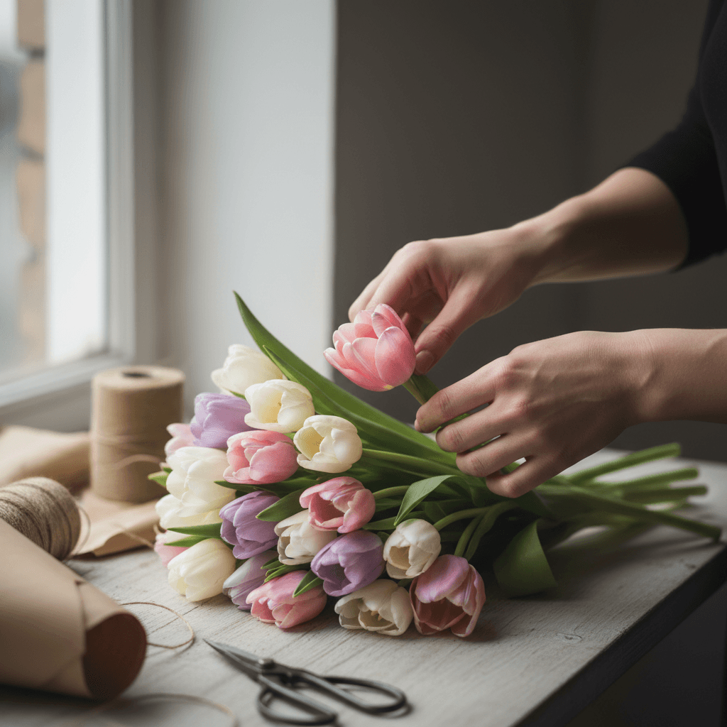 Hands wiring a tuberose stem into a boutonniere on a workbench