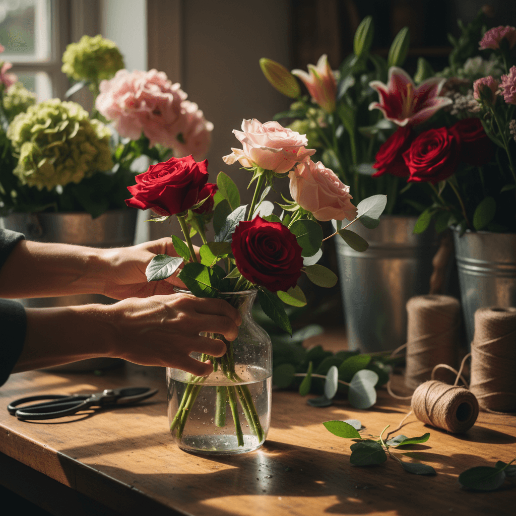 Fresh seasonal flowers in a mason jar on a wooden workbench with pruning shears nearby