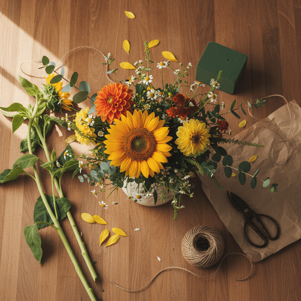 An array of seasonal flowers on a table