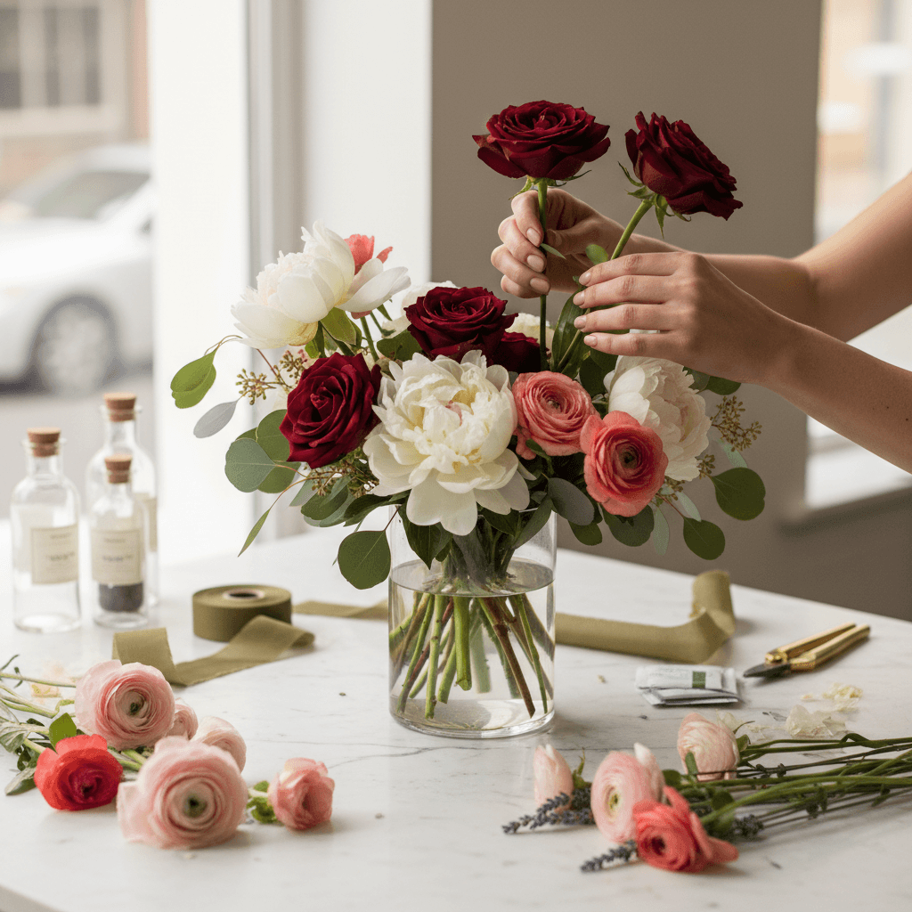 Florist workbench with scattered stems, foliage, and scissors under task lamp