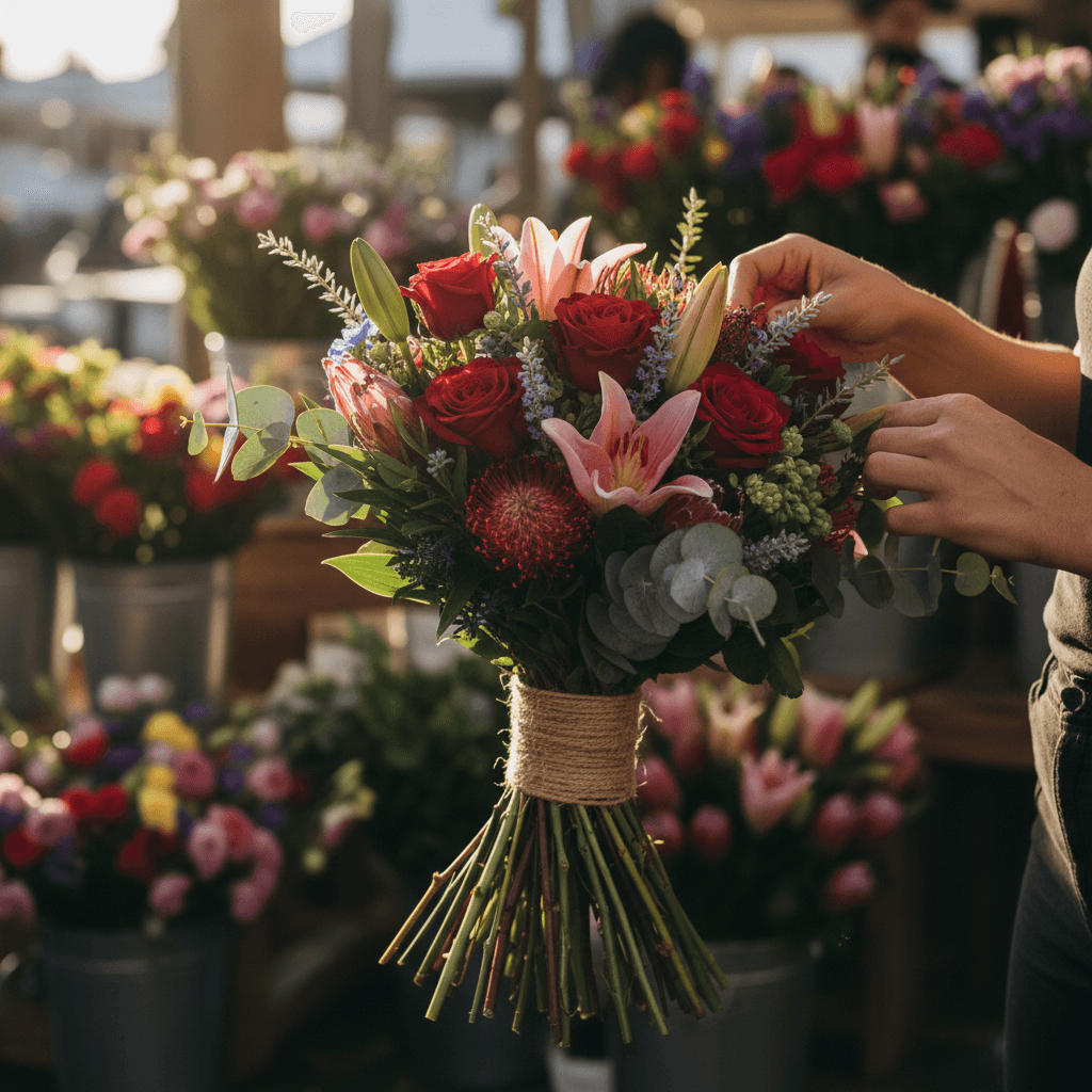 Unarranged locally sourced flower stems in paper wrap