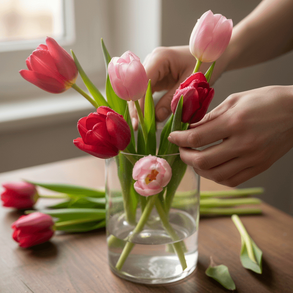 Hands tying a bundle of fresh flowers with twine on a rustic wooden table