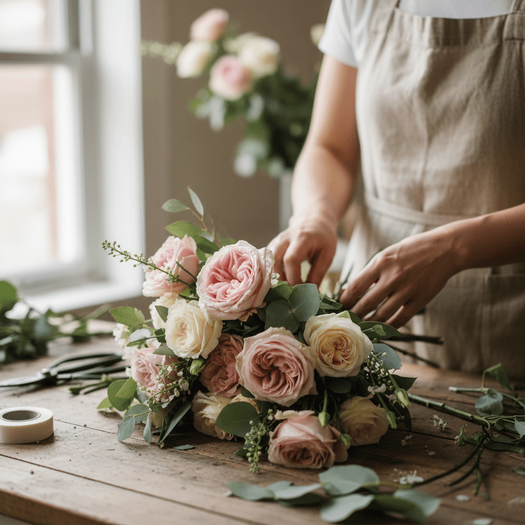 Hands tying a floral bundle with natural twine