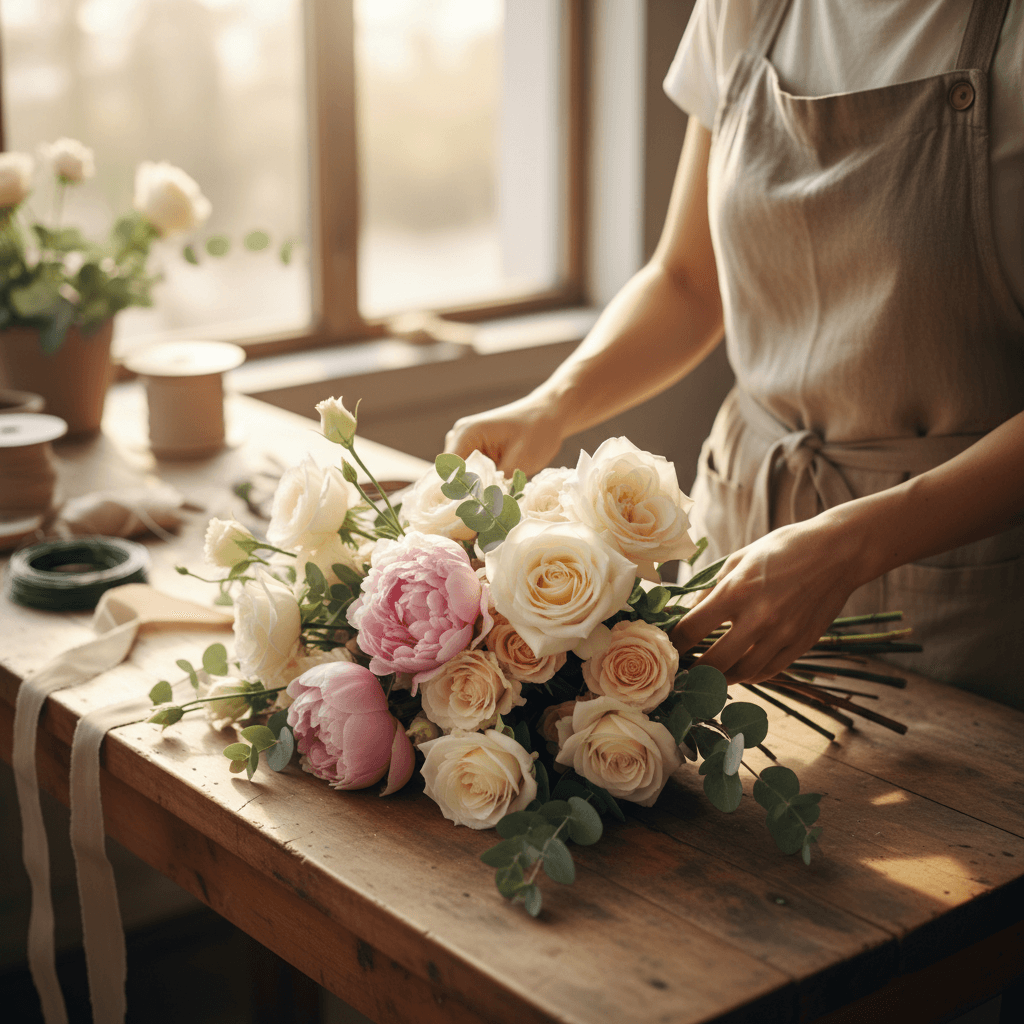 Hands of a florist tying a bouquet with twine on a wooden table