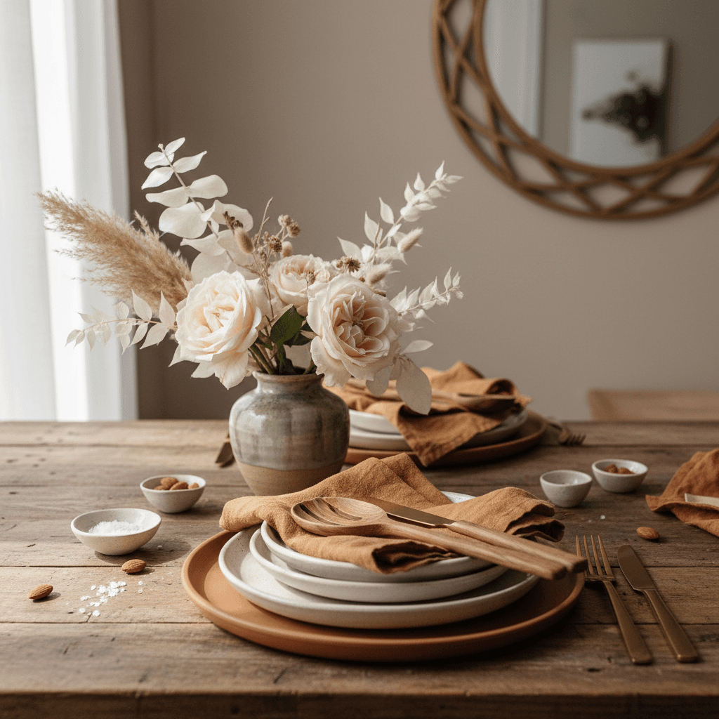 Floral centerpiece on a dining table set with plates and water glasses