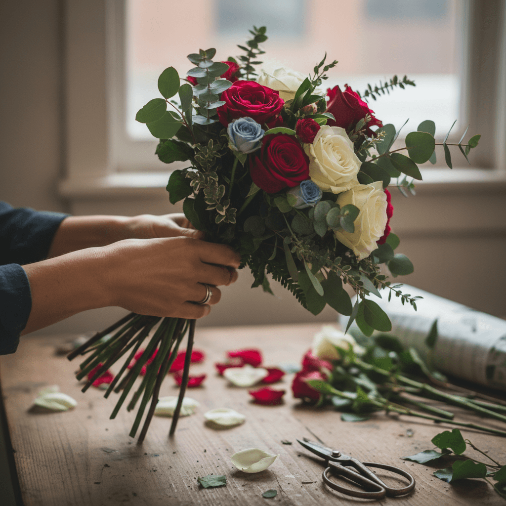 A florist choosing stems by hand
